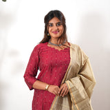 Red silk suit set with contrast dupatta