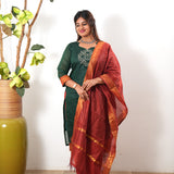 Green kollam chettinad cotton suit set with contrast dupatta
