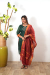 Green kollam chettinad cotton suit set with contrast dupatta