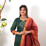Green kollam chettinad cotton suit set with contrast dupatta