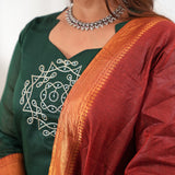 Green kollam chettinad cotton suit set with contrast dupatta