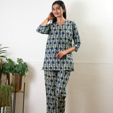 Indigo and beige pure cotton sleep wear