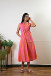 Ira v neck cotton dress - Hot pink (Attached sleeves)