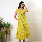 Ira v neck cotton dress - Lime yellow (Attached sleeves)