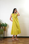 Ira v neck cotton dress - Lime yellow (Attached sleeves)