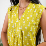 Ira v neck cotton dress - Lime yellow (Attached sleeves)