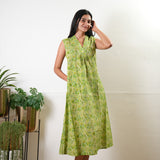 Ira v neck cotton dress - Lime green paisley (Attached sleeves)