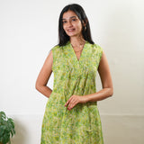 Ira v neck cotton dress - Lime green paisley (Attached sleeves)