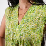 Ira v neck cotton dress - Lime green paisley (Attached sleeves)