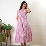Ira v neck cotton dress - Pink Butta (Attached sleeves)