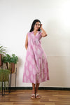 Ira v neck cotton dress - Pink Butta (Attached sleeves)