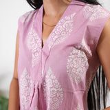 Ira v neck cotton dress - Pink Butta (Attached sleeves)