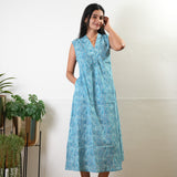 Ira v neck cotton dress - Blue paisley (Attached sleeves)