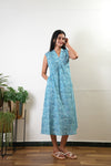 Ira v neck cotton dress - Blue paisley (Attached sleeves)