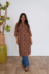 Maroon ajrakh printed mandarin collar cotton kurti