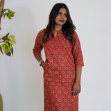 Crimson ajrakh printed mandarin collar cotton kurti