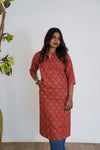 Crimson ajrakh printed mandarin collar cotton kurti
