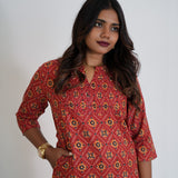 Crimson ajrakh printed mandarin collar cotton kurti