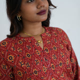 Crimson ajrakh printed mandarin collar cotton kurti