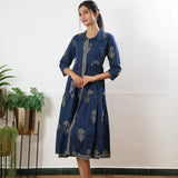 Midnight blue collared cotton midi dress
