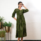 Olive green floral cotton tiered midi dress