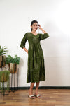 Olive green floral cotton tiered midi dress
