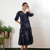 Navy floral cotton tiered midi dress