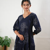 Navy floral cotton tiered midi dress