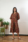 Deep maroon floral cotton tiered midi dress