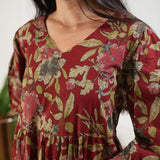 Deep maroon floral cotton tiered midi dress
