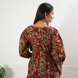 Deep maroon floral cotton tiered midi dress