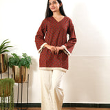 V neck cotton short kurti - Ruby red