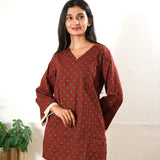 V neck cotton short kurti - Ruby red