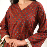 V neck cotton short kurti - Ruby red