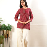 Round neck cotton short kurti -Ruby