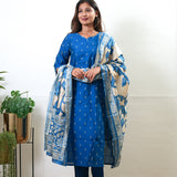 Royal blue cotton suit set with kalamkari dupatta