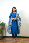 Royal blue cotton suit set with kalamkari dupatta