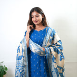 Royal blue cotton suit set with kalamkari dupatta
