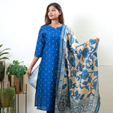 Royal blue cotton suit set with kalamkari dupatta