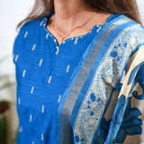Royal blue cotton suit set with kalamkari dupatta
