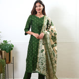 Olive green cotton suit set with kalamkari dupatta