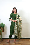 Olive green cotton suit set with kalamkari dupatta