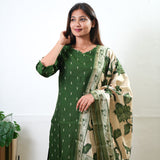 Olive green cotton suit set with kalamkari dupatta
