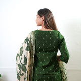 Olive green cotton suit set with kalamkari dupatta