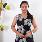 Black floral v neck cotton co-ords set ( attached sleeves)