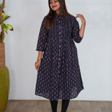Navy blue cotton floral a-line kurti