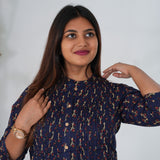 Navy blue cotton floral a-line kurti
