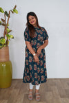 Royal blue floral cotton a-line kurti