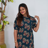 Royal blue floral cotton a-line kurti