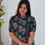 Royal blue floral cotton a-line kurti
